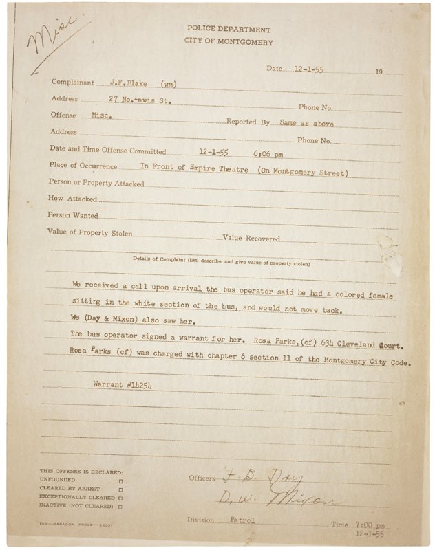 Rosa Parks, Police Report